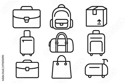 Bags and luggage line icon set. Briefcase, backpack, package, baggage outline signs. Travel, business, shopping linear symbols for web design, app, infographic. Vector.