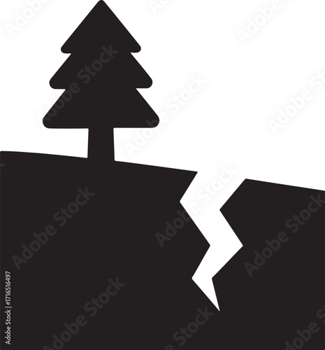 cracked earth, ground, fissure, crevice, earthquake, disaster, natural disaster, tree, nature, landscape, icon, symbol, illustration, graphic, design, silhouette, black, white background, geology, sei