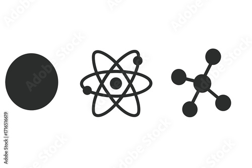 Atom, molecule, and chemical compound vector icon set. Simple flat symbols for science, physics, chemistry. Education graphic illustration. Particle, nucleus, electron, and molecular bond.