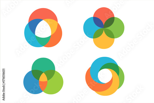 Colorful overlapping circle logo set. Vector icons for branding. Abstract symbols of synergy, unity, connection. Modern transparent geometric shapes, Venn diagram illustrations.