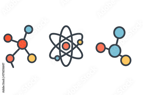 Science icon set with atom, molecule, and chemical compound symbols. Simple flat vector illustration for chemistry, physics, and nuclear research. Line art graphic elements.