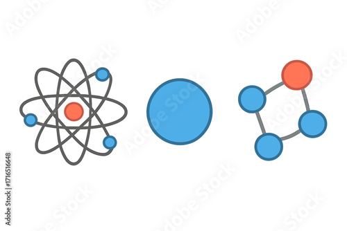 Atom, molecule, and chemical compound vector icon set. Simple flat illustration for science, chemistry, and physics. Scientific model of particle, nucleus, and atomic bond.