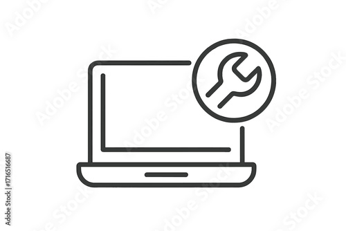 Laptop repair icon, computer service sign. Technical support and maintenance symbol. PC fixing, settings, configuration vector outline illustration for web and apps.