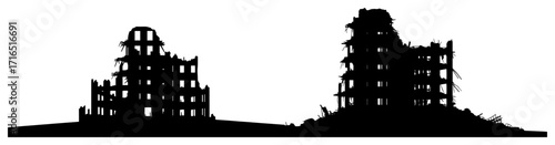 Set of Ruined Building Silhouettes After War