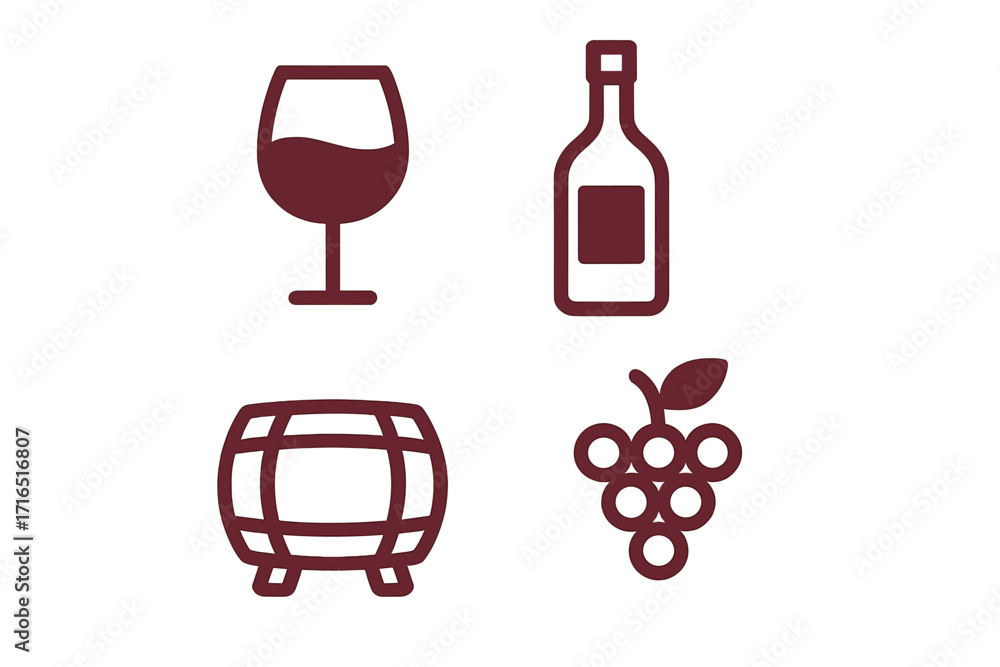 Fototapeta premium Wine icon set. Winemaking concept. Grapes, wineglass, bottle, wooden barrel icons. Flat simple vector illustration for winery, restaurant menu, web design, bar, tasting.