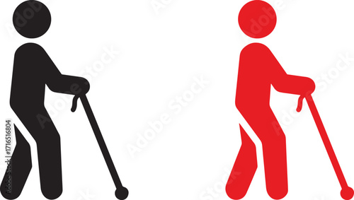 person, cane, walking stick, elderly, senior, mobility, support, assistance, disability, red, black, icon, symbol, isolated, white background, silhouette, aid, help, movement, health, care, old age, h