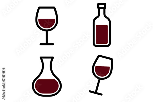 Minimalistic red wine vector icon set with glass, bottle, and decanter. Alcohol beverage symbols for bar menu, winery, or wine tasting event. Sommelier graphic element.