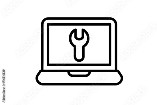 Laptop repair service icon. Computer maintenance and tech support concept. Wrench on screen symbol for settings or configuration. Vector outline linear graphic illustration.