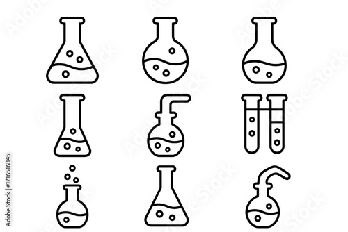 Science and chemistry line icon set. Collection of laboratory flasks, test tubes, and beakers. Vector outline symbols for research, experiment, and medical concepts. Lab glassware.