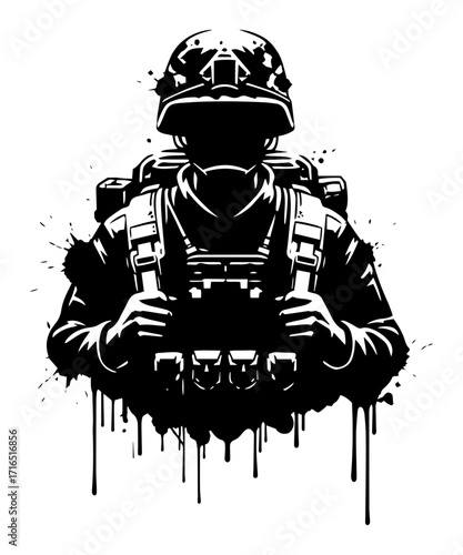 Grunge Style Soldier in Full Gear Silhouette