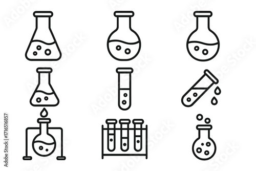 Chemistry lab line icon set. Science experiment vector collection. Laboratory flask, test tube, beaker outline symbols. Scientific research and analysis graphic elements.
