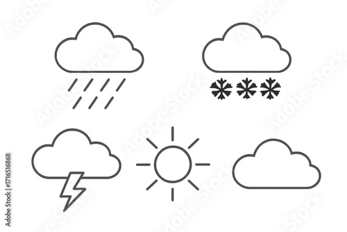Weather forecast line icon set. Collection of simple outline pictograms for meteorology. Rain, snow, sun, cloud, and thunderstorm symbols for web, app, and graphic design.