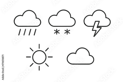 Weather forecast line icon set. Meteorology and climate symbols collection. Rain, snow, thunderstorm, sun, cloud. Minimalistic linear pictograms for web, graphic design, apps.