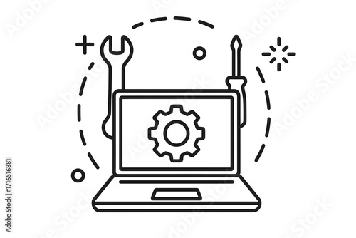 Laptop repair service icon. Computer maintenance and technical support symbol. Notebook with gear, wrench, screwdriver. PC hardware upgrade, setup, diagnostics vector logo.