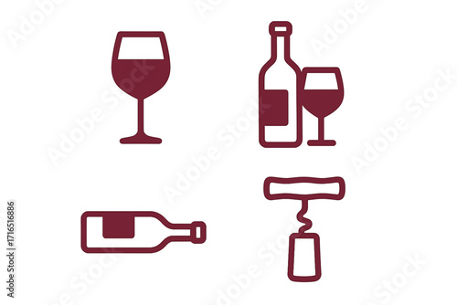 Wine icon set. Red wine glass, bottle, and corkscrew icons. Simple line art symbols for bar menu, winery, or restaurant. Minimalist vector graphic for alcohol beverage.