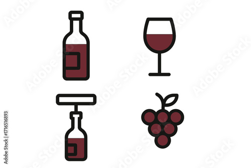 Wine icon set with bottle, glass, grapes, corkscrew. Vector line art. Red wine concept for winery, bar menu, party, celebration, restaurant, drink, alcohol, beverage.
