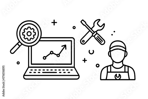 Laptop repair, computer service concept. IT technician analyzes data growth chart. Metaphor for system diagnostics, performance optimization, maintenance, SEO analytics vector set.