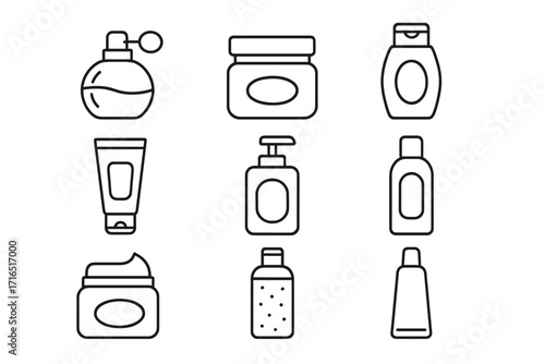 Cosmetic bottles line icon pack. Perfume, cream, shampoo, gel outline signs. Skincare beauty product container symbols for web design, apps, UI, UX. Vector illustration.