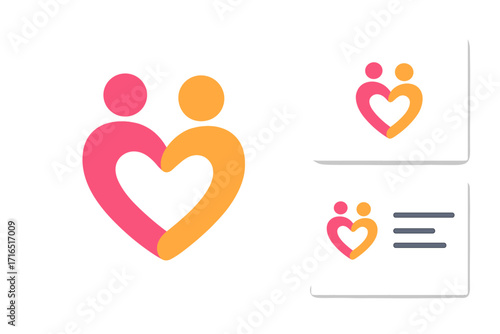 People heart logo for love, care, relationship. Vector icon for dating app, charity, teamwork. Community support symbol. Business card branding template design set.