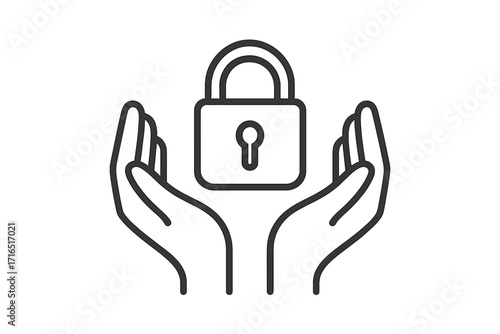 Hands holding padlock line icon. Symbol of safety, security, and protection. Concept for data privacy, information confidentiality, and guarding intellectual property. Vector.