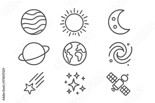 Space thin line icon set. Cosmos, astronomy outline signs. Planet, sun, moon, earth, galaxy, star, satellite vector symbols for web design, apps, and infographics.