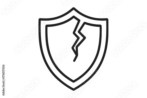 Cracked shield icon. Vector concept for vulnerability, risk, data breach, protection failure, and system security. Broken guard symbol for unsafe and insecure cyber defense.