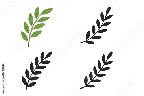 Laurel branch vector set with color and silhouette styles. Olive leaf foliage icon collection. Symbol of victory, peace, award, and honor. Graphic element for logo design.