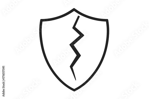 Cracked shield icon vector for security failure. Broken protection symbol. Metaphor for vulnerability, risk, damage, and data breach. Unsafe defense concept. Line art illustration.