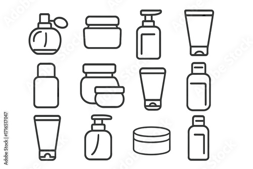 Cosmetic bottles line icon set. Skincare and beauty product container outline symbols. Vector pictograms for perfume, cream, shampoo, lotion, gel, and soap dispensers.