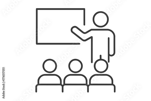 Business presentation line icon. Teacher with students in a classroom. Concept for training, education, lecture, seminar, or conference. Minimal vector symbol for web design.