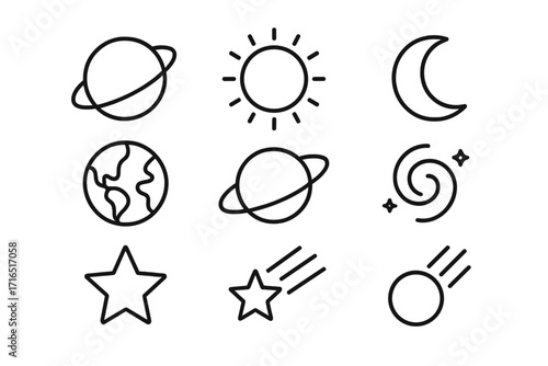 Space thin line icon set. Planet, sun, moon, earth, star, galaxy outline signs. Astronomy, astrology symbols for graphic and web design, apps. Vector cosmos illustration.