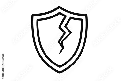 Cracked shield vector icon. Concept of vulnerability, risk, broken security, and failed protection. Symbol for data breach, danger, and system error. Editable stroke line art.
