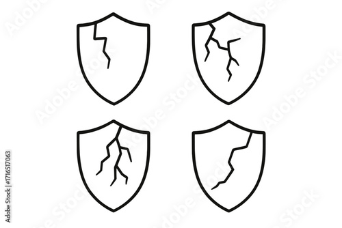 Cracked shield icon set vector. Broken protection and safety symbol. Damaged defense outline collection. Security failure, vulnerability concept. Linear pictogram with editable stroke.
