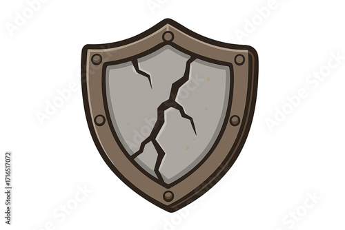 Broken shield icon. Metaphor for vulnerability, failed security, and data breach. Cracked medieval stone defense symbol. Cartoon vector illustration for app and web design.