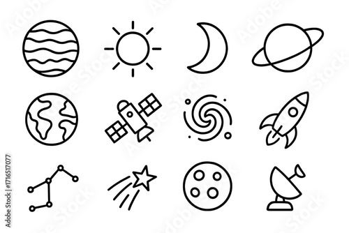Space line icon set. Cosmos, astronomy, planet, sun, moon, rocket, satellite outline signs. Science vector illustration for web design, app, graphic. Galaxy, star symbols.