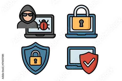 Cybersecurity icon set. Digital security, online threat, data protection, virus attack. Hacker, malware, laptop, shield, padlock. Safety measures vector cartoon illustration.