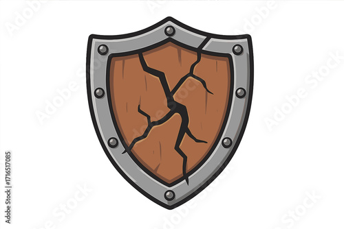 Cracked shield vector icon. Concept of vulnerability, risk, failed security, broken defense, data breach. Damaged medieval wooden knight armor for fantasy game asset.