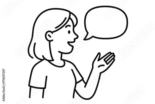 Woman talking with speech bubble. Person speaking, character dialogue, communication concept. Line art vector illustration for web design, social media. Message, idea, say icon.