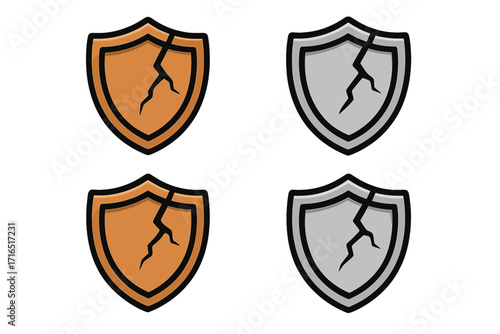 Cracked shield vector icon set. Bronze and silver broken crest. Metaphor for vulnerability, security failure, data breach, risk, and weak defense. Cartoon illustration.