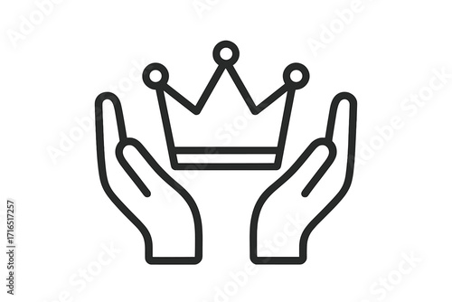 Hands holding crown line icon vector. Symbol of success, power, leadership, and responsibility. Metaphor for premium quality, value, achieving a high honor or prestigious award.
