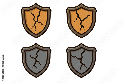 Set of cracked shield icons. Vector illustration of broken defense and security symbols. Metaphor for vulnerability, risk, and failure. Game UI element or app logo design.