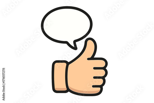 Thumbs up icon with a speech bubble. Like symbol for social media. Positive feedback, approval, and agreement hand gesture. Vector illustration for communication and success.