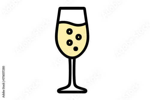 Champagne glass icon for celebration. Party drink, sparkling wine toast for new year, wedding or anniversary. Alcohol beverage symbol. Outline cartoon vector illustration.