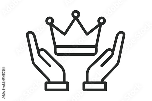 Hands holding crown line icon vector. Metaphor for premium quality, success, and value. Symbol of exclusivity, luxury, and VIP reward. Best choice for business and leadership.