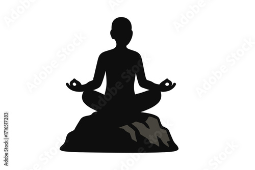 Silhouette of a person meditating in a lotus pose. Yoga and meditation concept for spiritual balance, harmony, and wellness. Man sitting in zen pose on a rock for mindfulness.