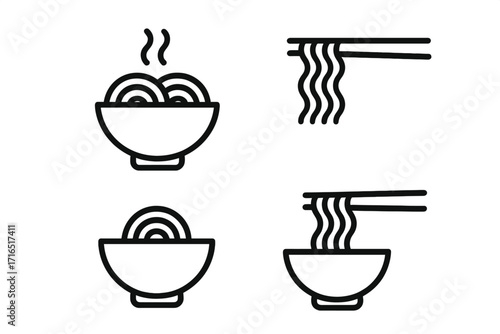 Minimalistic noodle bowl and chopsticks icons set for web design, graphic apps, social media, banners, cartoon vector illustration, transparent background, ordered set of 4