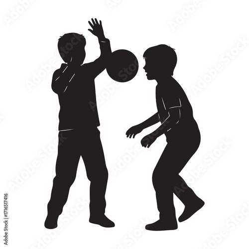Two young boys silhouetted against a white background playing catch with a dark ball outdoors