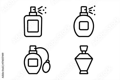 Perfume bottles vector set with editable strokes for graphic design, website, cards, books, and articles, simple black line art icons, transparent background, stylish fragrance illustration