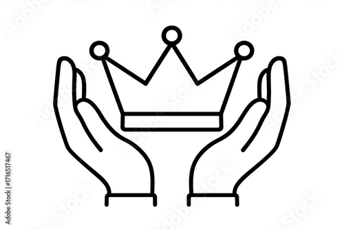 Hands holding crown line icon. Metaphor for success, power, victory, and leadership. Premium quality symbol. Concept for achievement, award, winner, royalty, and luxury.