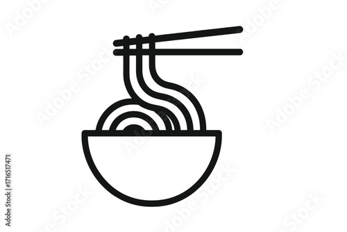 Minimalistic thin line noodle icon with chopsticks, simple bowl illustration for web, graphic design, apps, banners, social media, and cards, vector cartoon transparent background